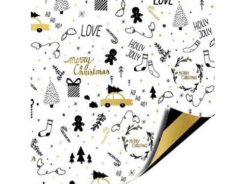 Geschenkpapier Kerst 70cmx2m assorti zwart/wit/goud