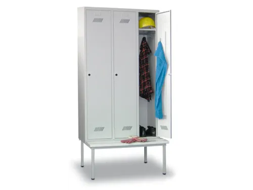 locker met bank,HxBxD 2150x1200x500mm,3vak,RAL7035,front RAL7016