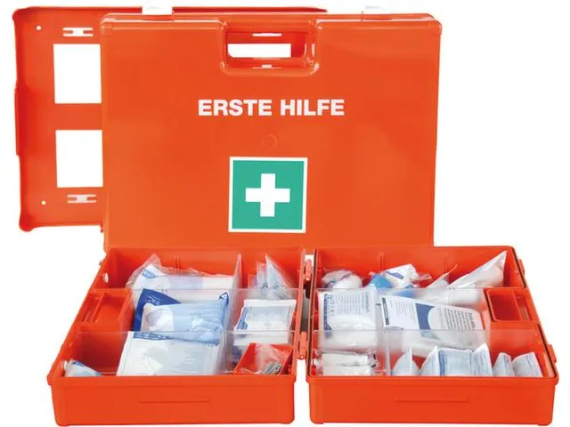 mallette de secours,DIN 13169,ABS orange,av. support mural