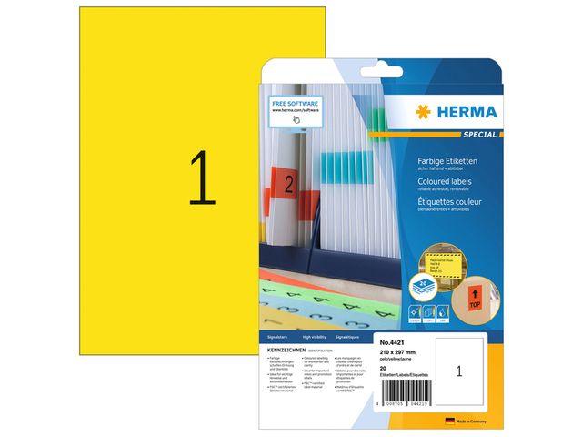 Etiket Herma 4421 210x297mm verwijderbaar A4 Geel 20st | HermaLabels.be