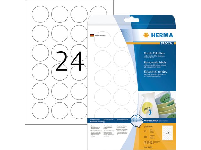 Uitrusting Trein zakdoek Etiket Herma Movables 5066 Rond 40mm Verwijderbaar Wit 600 stuks |  HermaLabels.nl