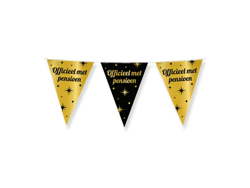 Slinger Folie vlaggen Party Flag Foil 'Pensioen' Goud-Zwart 30cmx10m