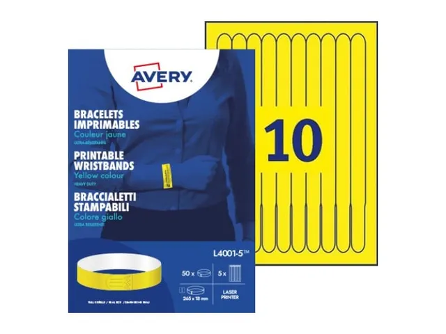 Avery L4001-5 Bedrukbare Polsbandjes 18x265mm Geel 50 Stuks