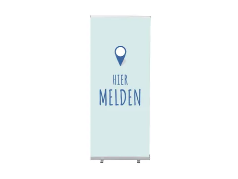 Roll-Banner 85x200 complete set met print "Hier Melden" Blauw