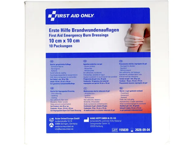Pansements pour brûlures First Aid Only, boîte de 10 pièces 10x10 c