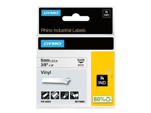 Labeltape Dymo Rhino 18443 Vinyl 9mmx5.5m Zwart Op Wit