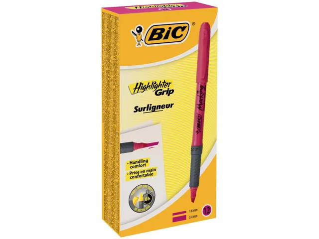 Surligneur Bic Bic Highlighter Grip rose 12 pièces