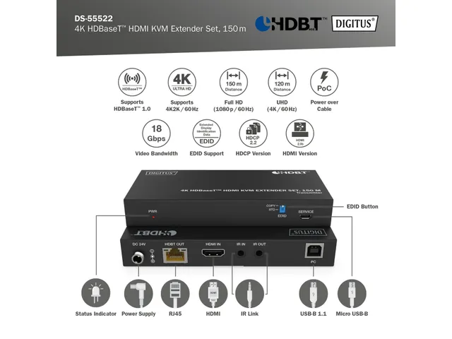 DIGITUS 4K HDBaseT HDMI KVM Extender Set 150 meter