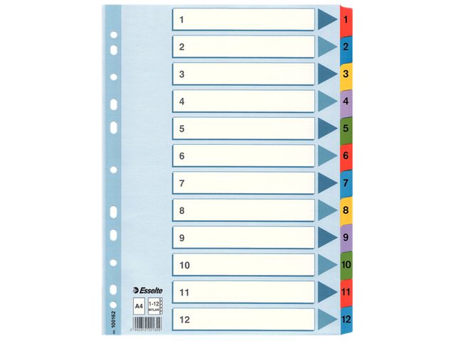 Luxe Mylar Index Tabblad Karton A4 1-12 12-delig Assorti 11-gaats | TabbladenShop.nl