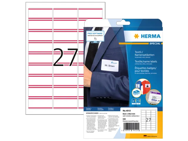 HERMA 4512 Naambadge textieletiket A4 63,5x29,6mm Wit/rood 540 stuks
