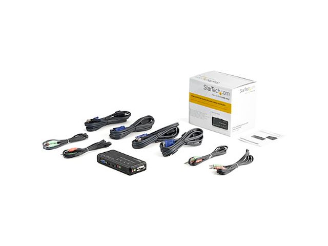 4-Port KM Switch mit Mausumschaltung, USB 3.0 Umschalter/Switch für Tastatur und Maus für 4 Computer, 3,5mm und USB Audio, TAA Konform