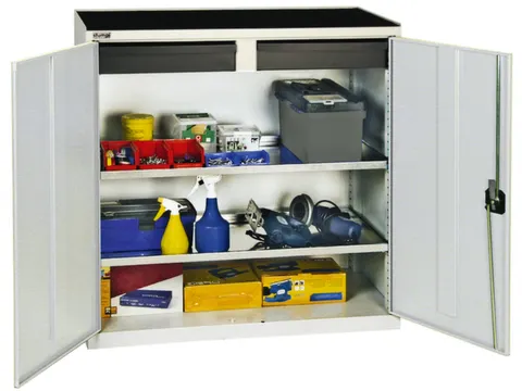 Materiaalkast 1000x1000x500mm 2legborden Uitschuifbaar 2laden Ral7035