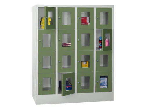 lockerkast,HxBxD 1518x1200x500mm,4x4vakken,RAL7035,front RAL6011