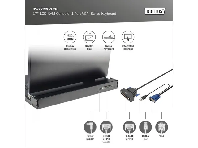 Modulaire HD LCD TFT-console Zwitsers toetsenbord met 1-poorts KVM