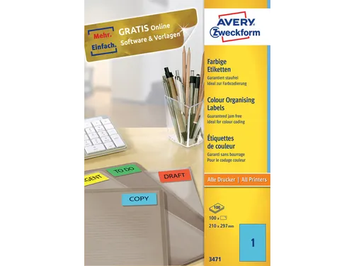 Gekleurde Etiketten Avery Zweckform 210x297mm A4 Blauw 100 stuks
