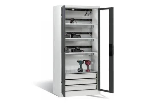 acculaadkast 1950x930x500mm 15stekkerdozen 230V ventilator fr. RAL7016