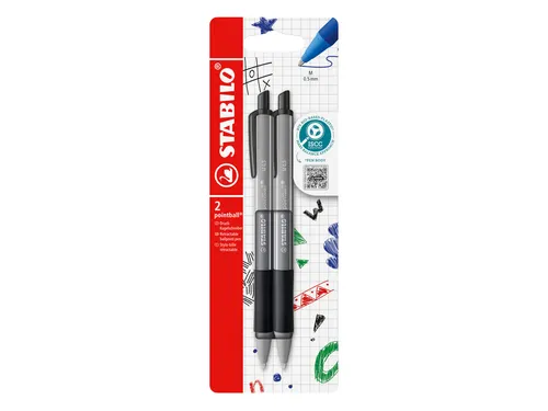 Balpen STABILO pointball colorful medium zwart blister à 2 stuks