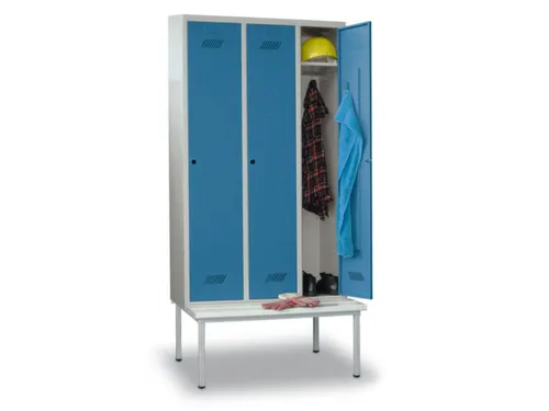 locker met bank,HxBxD 2150x1200x500mm,3vak,RAL7035,front RAL5012