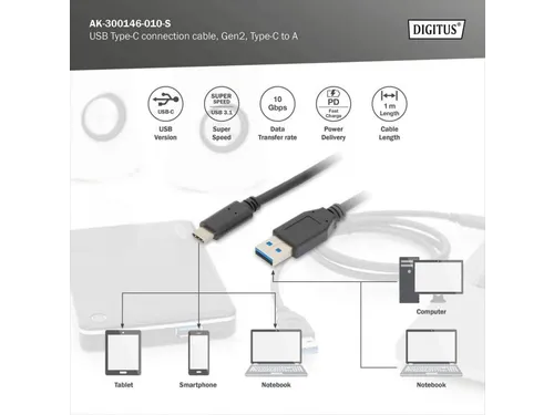 USB Type C-aansluitkabel Type C naar A M/M 1m Gen2 3A 10GB Zwart