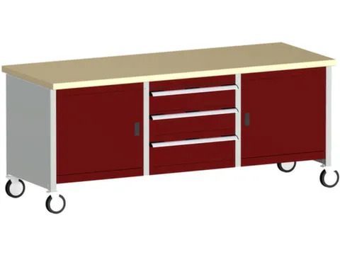 établi roulant HxlxP 840x2000x750mm plateau hêtre rouge force 1200kg