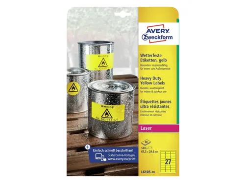 Avery Zweckform Ultra sterk etiket L6105-20 63.5x29.6mm Geel 540 stuks