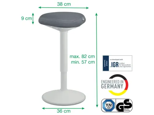 Ergo actieve zit/sta kruk met comfortzitting en gasveer 57-82cm grijs