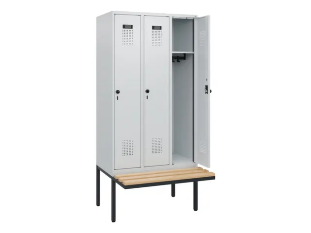 locker met bank,HxBxD 1950x900x815mm,3vak,vak B 300mm,draaigrendel