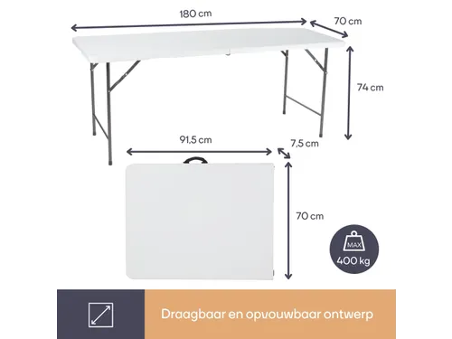 Vouwtafel weerbestendige Klaptafel 180x70x74cm HDPE Wit