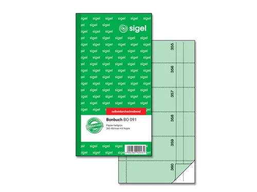 Bonboekje Sigel zelfdoorschrijvend 10,5x20cm 360 nrs groen