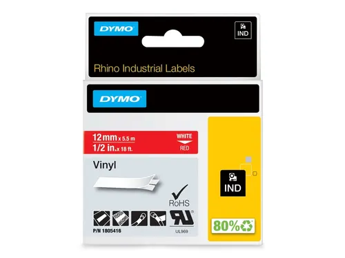 Labeltape Dymo Rhino 1805416 Vinyl 12mmx5.5m Wit op Rood