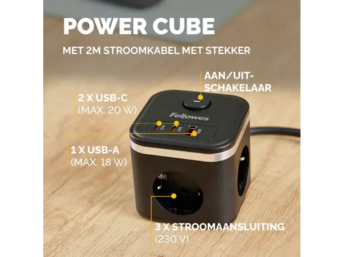 Stekkerblok Fellowes Power Cube F 3-voudig 1xUSB-A 2xUSB-C 2m zwart