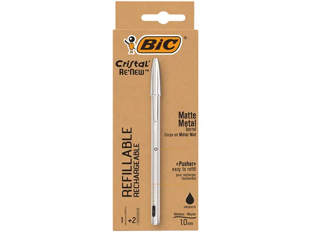 Balpen Bic Cristal Re-new medium zilver + 2 vullingen zwart