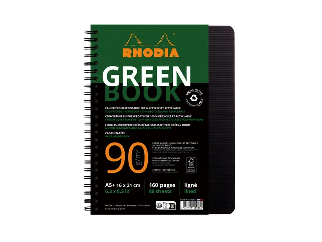 Notitieboek Rhodia Greenbook A5 lijn 6-gaats 180 pagina's 90gr zwart