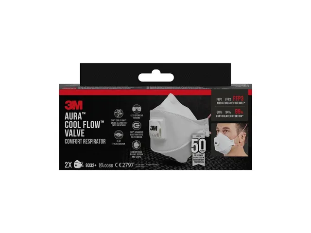Stofmasker 3M Aura Comfort Cool Flow 9332 FFP3 2 stuks