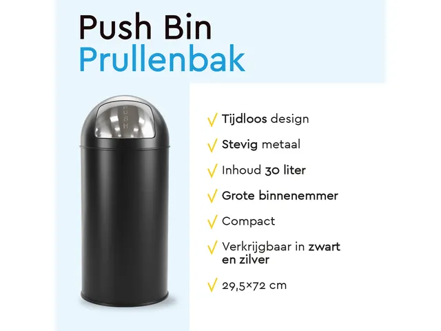 BRASQ PB230+ Push Bin Prullenbak 30 Liter Zwart