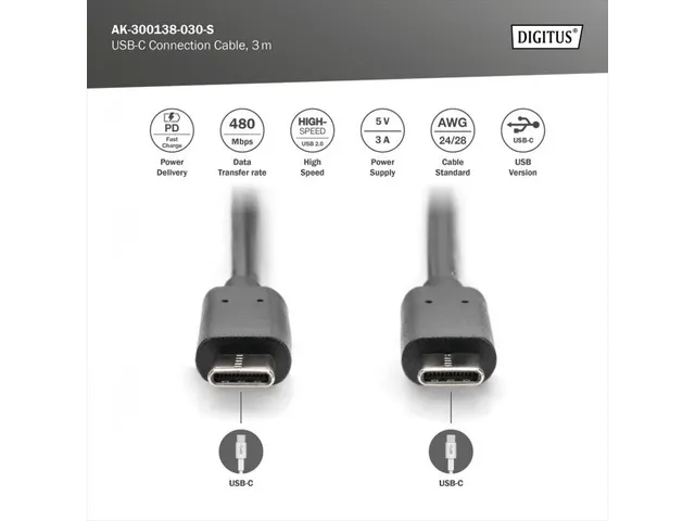 USB Type-C-aansluitkabel Type-C-CM/M 3m 5V/3A 15W 480MB 2.0 Zwart