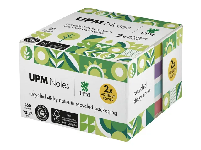 Sticky notes UPM recycled 75x75mm assorti blok 450 vel, doos 1x blok