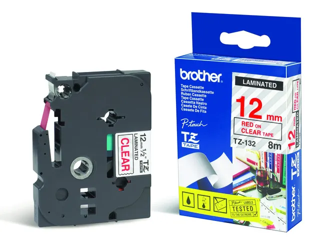 TZe-132 Tape, 12mmx8m, Rood op Transparant