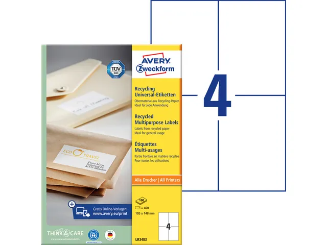Etiket Avery Zweckform LR3483 105x148mm A6 recycled Wit 400 stuks