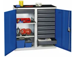Materiaalkast 1000x1000x500mm 2legborden Uitschuifbaar 9laden Ral5010