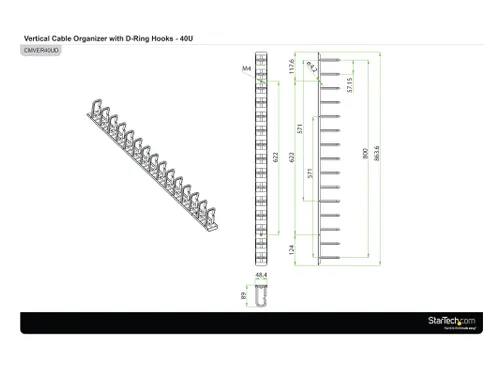 Verticale kabelmanager met D-ring haken 40U 1,8 m