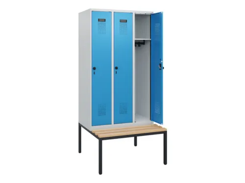 locker met bank,HxBxD 1950x900x815mm,3vak,vak B 300mm,draaigrendel
