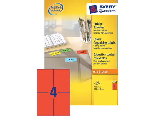 Gekleurde Etiketten Avery Zweckform 105x148mm A6 Rood 400 stuks