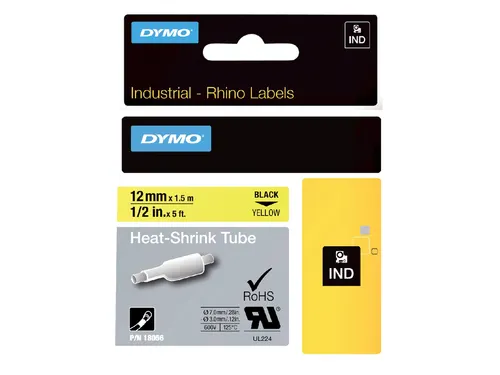 Labeltape Dymo Rhino 18056 Krimpkous 12mmx1.5m Zwart Op Geel