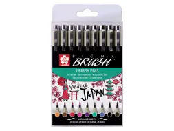 Viltstift met brushpen Bruynzeel Sakura Pigma etui 9 kleuren assorti