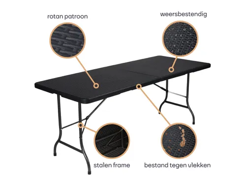 Klaptafel weerbestendige vouwtafel Rotanlook Zwart 180x75x72cm