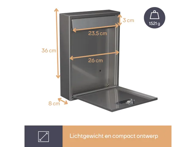 Brievenbus Ibiza Inox Grijs met naamplaatje incl. 2 sleutels 36x26x8cm