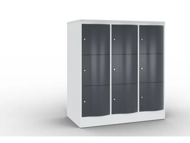 lockerkast 1255x1150x640mm 3x3 vakken RAL7035 front RAL7021 sokkel
