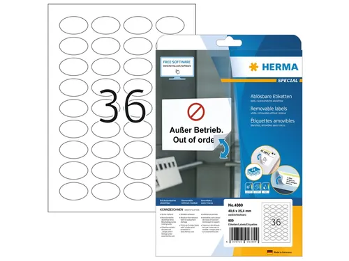 HERMA 4380 Verwijderbare etiketten A4 Ovaal 40,6x25,4mm Wit 900 stuks
