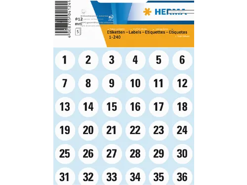 Etiket Herma 4124 Rond 12mm Getallen 1-240 Wit Zwart 5 vel